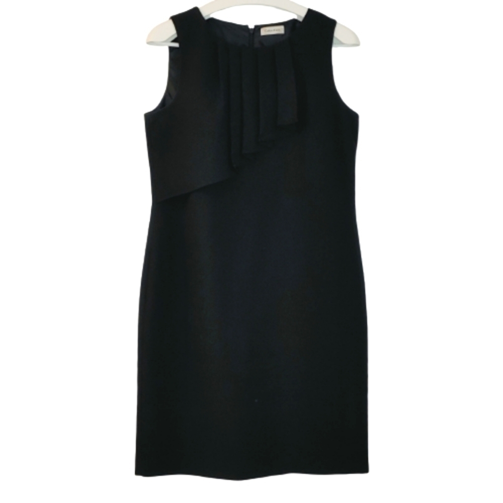 CALVIN KLEIN Black pleated neckline cocktail tailored business casual dr…
